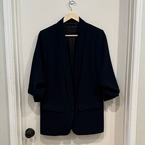 ZARA WOMAN Navy Blue Lined Blazer Suit Jacket with Cinched Sleeves sz L